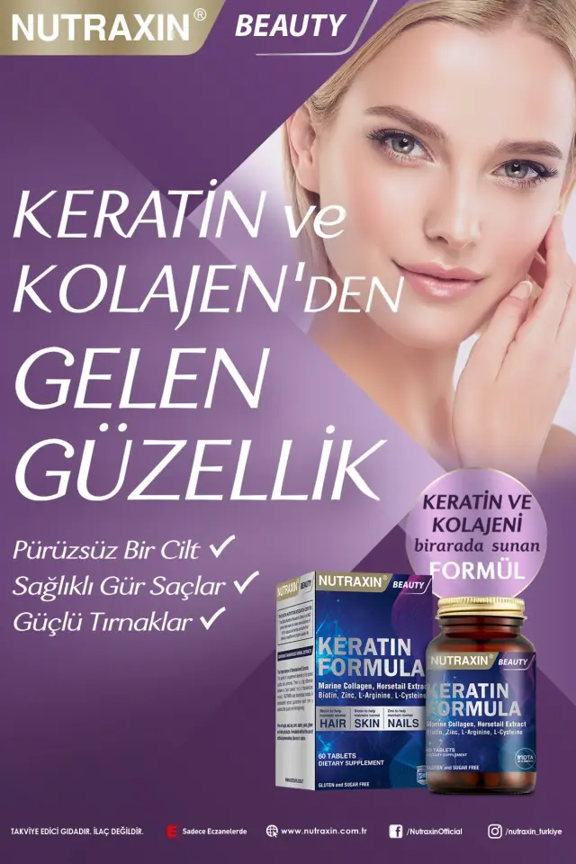 NUTRAXIN Keratin Formula Hair Nails Skin Takviye Edici Gıda 60 Tablet Saç ve Tırnak Vitamini