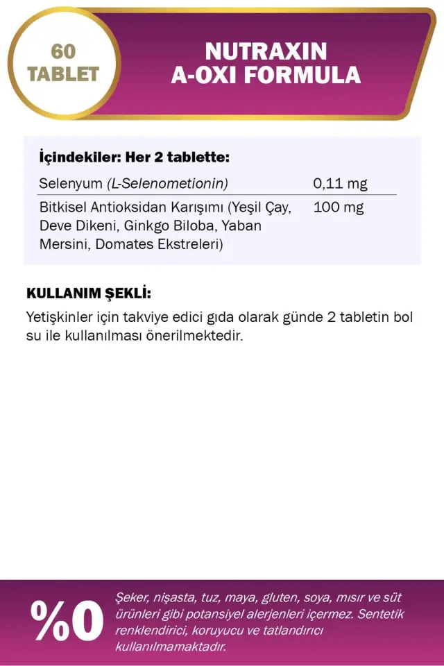 NUTRAXIN A-Oxi Formula Glutathione Resveratrol 60 Tablet Astaksantin Q-10 Çinko Bakır Selenyum