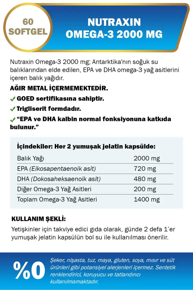 NUTRAXIN Omega 3 2000 Mg 60 Softjel - Balık Yağı, EPA 720, DHA 480 Mg