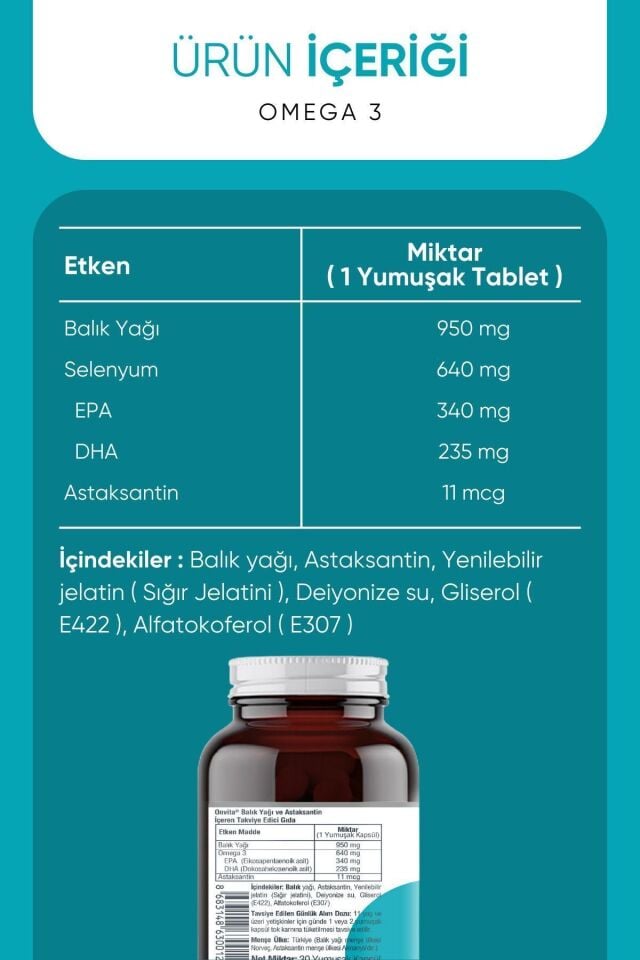 ONVITA OMEGA 3 BALIK YAĞI VE ASTANAANTİN, 30 YUMUŞAK KAPSÜL