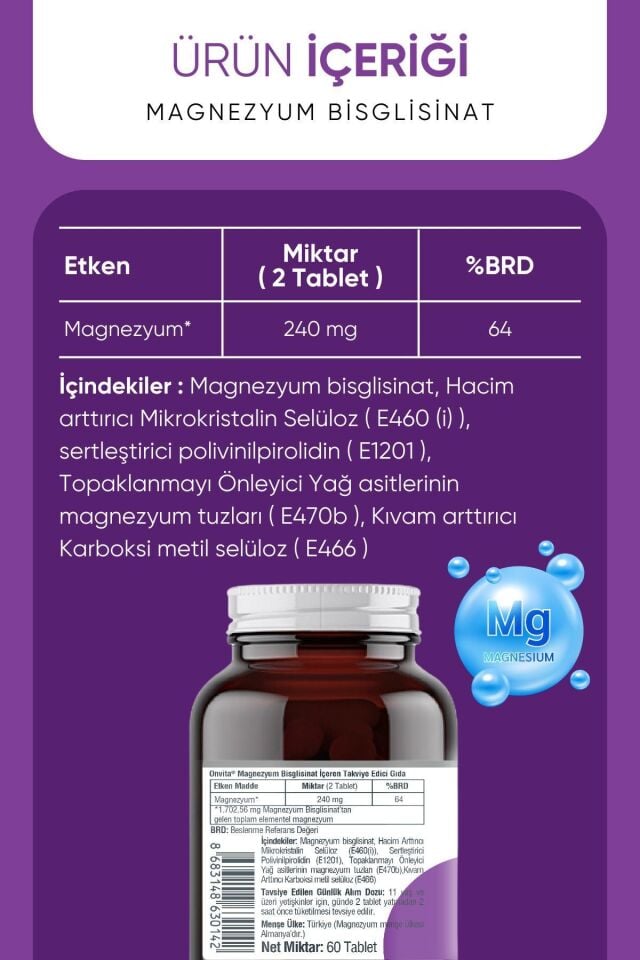 ONVITA MAGNEZYUM BİSGLİSİNAT 120 MG 60 TABLET