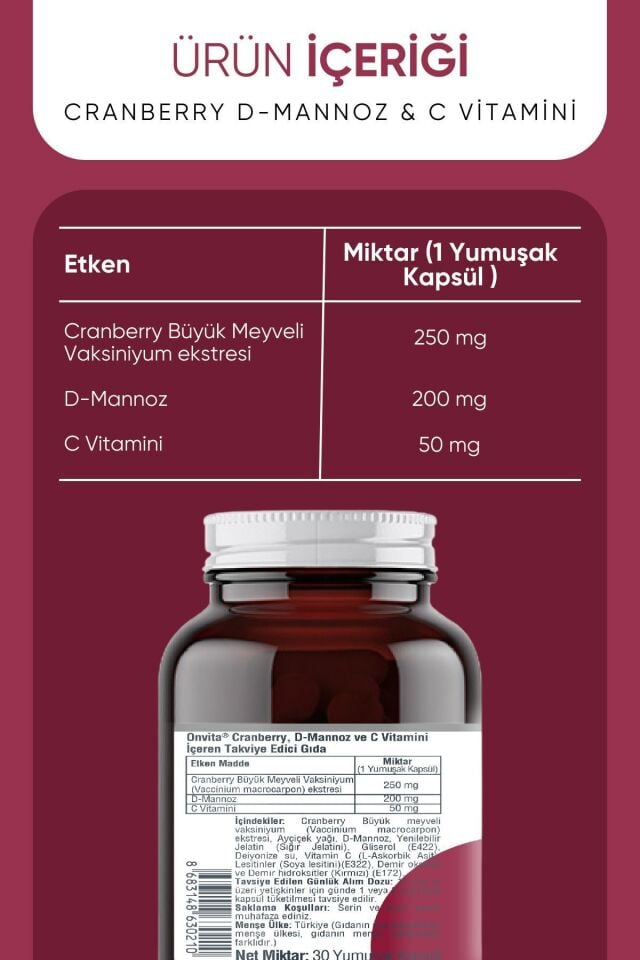 ONVITA CRANBERRY D-MANNOZ VE C VİTAMİNİ 30 YUMUŞAK KAPSÜL
