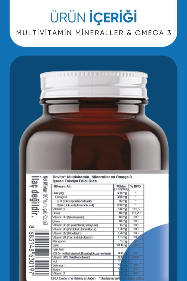 ONVITA  OMEGA 3 VE MULTİVİTAMİN MİNERALLER, 30 YUMUŞAK KAPSÜL