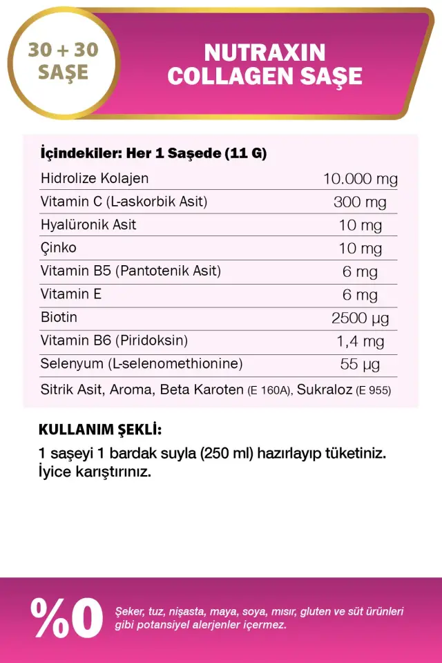 NUTRAXIN Collagen 60 Saşe 10.000 Mg Tip 1 Tip 3 Ananas Aromalı Avantajlı Çanta Set 60 Günlük Kullanım