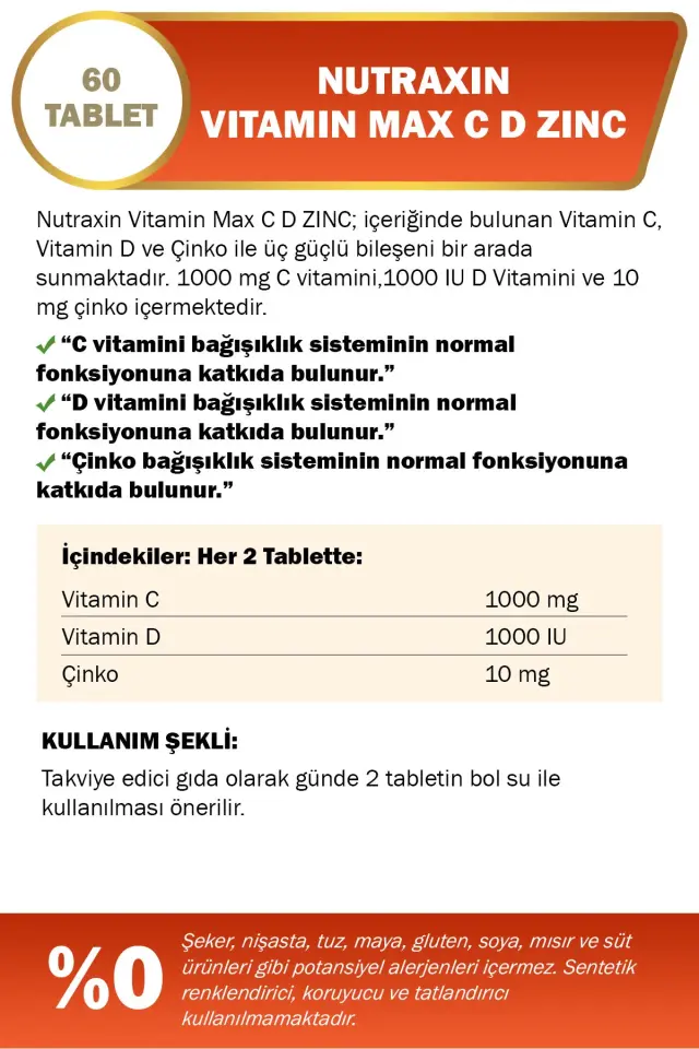 NUTRAXIN Vitamin Max C D Zinc 60 Tablet - Zaman Salınımlı