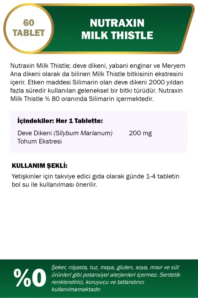NUTRAXIN Milk Thistle 200 Mg 60 Tablet - Deve Dikeni Ekstresi