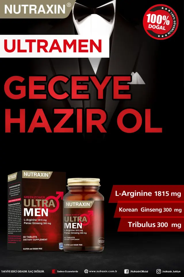 NUTRAXIN Ultra Men 60 Tablet - L-Arjinin, Ginseng, Zencefil, Demir dikeni, Tarçın