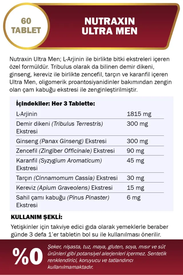 NUTRAXIN Ultra Men 60 Tablet - L-Arjinin, Ginseng, Zencefil, Demir dikeni, Tarçın